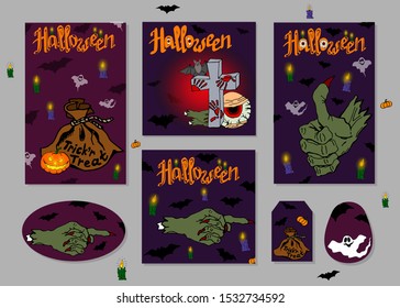 Scary beautiful Halloween holiday invitations. Set of flyers for Halloween. Zombies, candles and ghosts.
