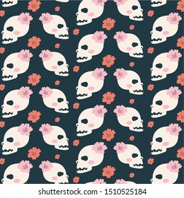 scary beautiful picture with a skull. Happy Halloween! inscription on a dark background. Vector flat illustration. red flower. pattern ornament
