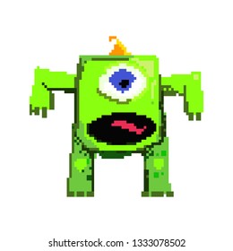 Scary big pixel monster. Alien in little party hat shouting or singing. Can be used for topics like Halloween, party, cartoon