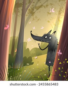 Scary big wolf in green wild forest watching butterflies. Animal wolf character in sunlight woods, fun cartoon for kids story or fairy tale. Artistic vector children illustration in watercolor style.