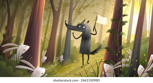 Scary big wolf in green wild forest and bunnies or rabbits. Animal characters in sunlight woods, fun cartoon for kids story or fairy tale. Artistic vector children illustration in watercolor style.