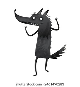 Scary big wolf smiling, funny character design. Angry animal wolf character, fun cartoon for kids story or fairy tale. Artistic vector children illustration in watercolor style, isolated clipart.