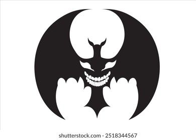 Scary black bat with scary face on body flat icon. Vector illustration isolated on white background.