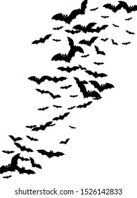 Scary black bats flock isolated on white vector Halloween background. Flittermouse night creatures illustration. Silhouettes of flying bats traditional Halloween symbols on white.