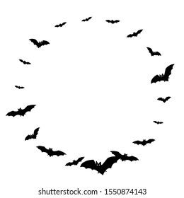 Scary black bats flock isolated on white vector Halloween background. Flittermouse night creatures illustration. Silhouettes of flying bats vampire Halloween symbols on white.