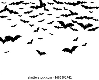 Scary black bats flock isolated on white vector Halloween background. Flittermouse night creatures illustration. Silhouettes of flying bats traditional Halloween symbols on white.