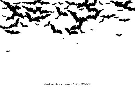 Scary black bats group isolated on white vector Halloween background. Flittermouse night creatures illustration. Silhouettes of flying bats traditional Halloween symbols on white.