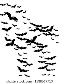 Scary black bats swarm isolated on white vector Halloween background. Flittermouse night creatures illustration. Silhouettes of flying bats traditional Halloween symbols on white.