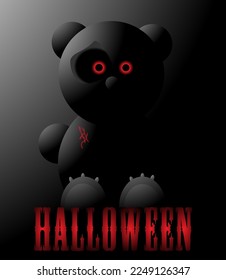 Scary black bear toy with red eyes.
Vector illustration for Halloween, isolated on a dark background