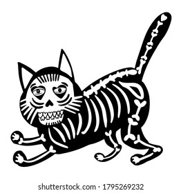 Scary black cat halloween witch cat. doodle coloring book. Cute Schrodinger's cat illustration. Funny Halloween clip art design. Vector skull icon for cards, posters, stickers and professional design.