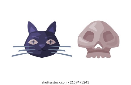 Scary black cat head and skull bone. Witchcraft attributes, halloween objects cartoon vector illustration