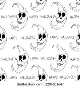Scary black fashion evil moon pattern on white background with inscription Happy Halloween. Halloween flyer concept with style monster. Seamless halloween background with monsters. Wrapping papper.