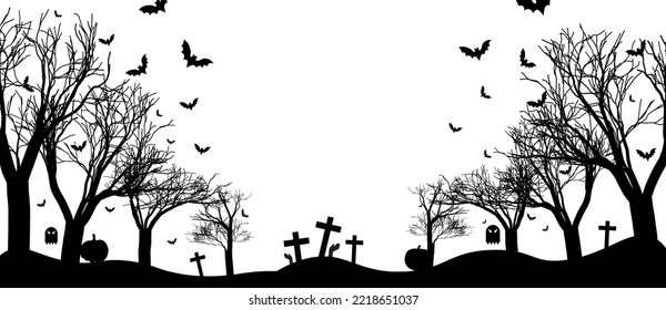 Bosque negro asustado y cementerio con murciélagos voladores aislados sobre fondo blanco. Perfecto para los fondos de Halloween. Zombis surgiendo de los muertos. Grupo de murciélagos voladores en el cielo. Ilustración vectorial. 