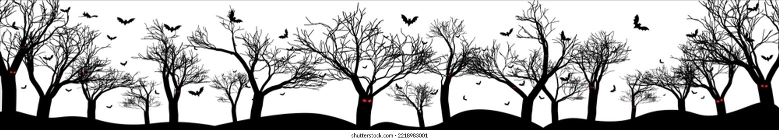Scary black forest silhouette with groups flying bats isolated on white background. Perfect for Halloween Backgrounds. Vector Illustration. EPS 10.