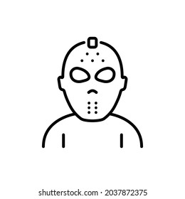 Scary Black Jason Mask for Halloween Party Line Icon. Dark Hockey Helmet for Goalie Safety Outline Pictogram. Jason Mask Symbol of 13th Friday Icon. Editable Stroke. Isolated Vector Illustration.