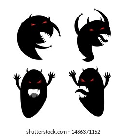 Scary black monster shadow with red eyes on white background, Halloween dark night concept, vector illustration.