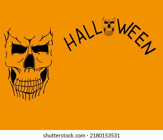 Scary black skull on orange background with inscription Halloween and copy space. Halloween flyer concept. Halloween background with cranium and copy space.