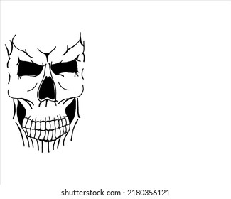Scary black skull on white background with copy space. Halloween flyer concept. Halloween background with cranium and copy space.