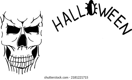 Scary black skull on white background with inscription Halloween and copy space. Halloween flyer concept. Halloween background with cranium and copy space.