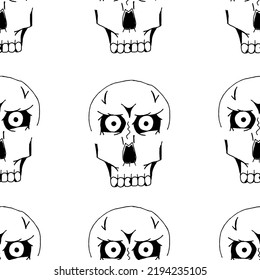 Scary black skulls with big eyes pattern on white background. Halloween flyer concept. Halloween background with cranium.
