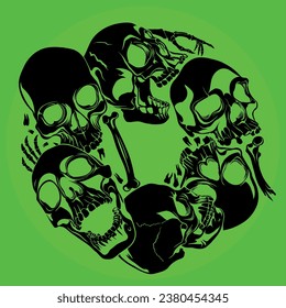 
scary black skulls and bones in a circle on a green background, psychedelic design