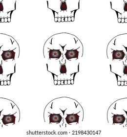 Scary black skulls with eyeballs pattern on white background. Halloween flyer concept. Halloween background with cranium.