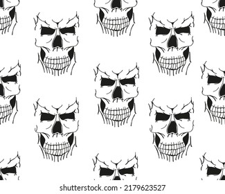 Scary black skulls pattern on white background. Halloween flyer concept. Halloween background with cranium.
