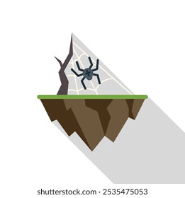 Scary black spider hanging on its web on flying land with tree branch icon in flat style on a white background