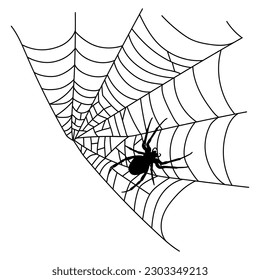 Scary black spider web isolated on white. Spooky halloween decoration. Outline cobweb. Decorative element for your design: holiday poster for party, invitation card, sale. Vector illustration