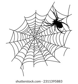 Scary black spider web isolated on white. Spooky halloween decoration. Outline cobweb. Decorative element for your design: holiday poster for party, invitation card, sale. Vector illustration