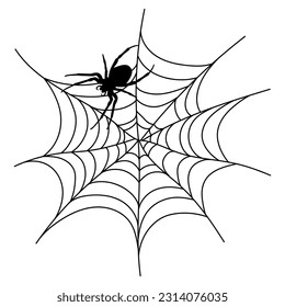 Scary black spider web isolated on white. Spooky halloween decoration. Outline cobweb. Decorative element for your design: holiday poster for party, invitation card, sale. Vector illustration
