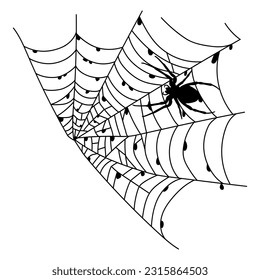 Gruseliges, schwarzes Spinnennetz einzeln auf Weiß. Sehr schöne Halloween-Dekoration. Rahmencobweb. Dekoratives Element für Ihr Design: Urlaubsposter für Feiern, Einladungskarte, Verkauf. Vektorgrafik