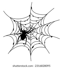Scary black spider web isolated on white. Spooky halloween decoration. Outline cobweb. Decorative element for your design: holiday poster for party, invitation card, sale. Vector illustration
