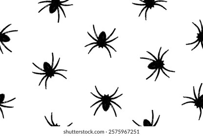 Scary Black Spiders Seamless Vector Pattern. Halloween Print With Black Spiders Isolated on a White Background. Halloween Wallpaper With Fat Spooky Hairy Spiders. Black Tarantulas Endless Print. RGB.