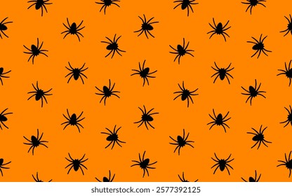 Scary Black Spiders Seamless Vector Pattern. Halloween Print With Black Spiders Isolated on an Orange Background. Black Tarantulas Endless Print. Halloween Wallpaper With Fat Spooky Hairy Spiders. RGB