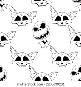 Scary black style monster and evil cat skull pattern on white background. Halloween flyer concept. Seamless halloween background with monsters. Wrapping papper.