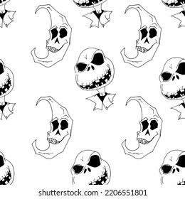 Scary black style monster and fashion evil moon pattern on white background. Halloween flyer concept. Seamless halloween background with monsters. Wrapping papper.