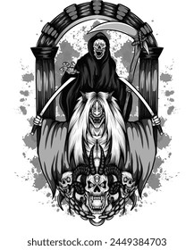 scary black and white design illustration of shikifujin and grimreaper