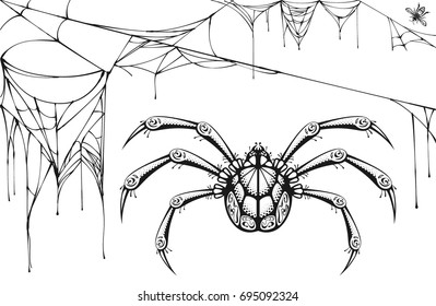 Scary black and white spider and torn web. Halloween symbols and accessories. Isolated vector illustration