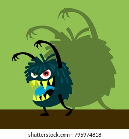 Scary blue monster with shadow on green, vector illustration