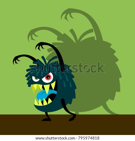 Scary blue monster with shadow on green, vector illustration