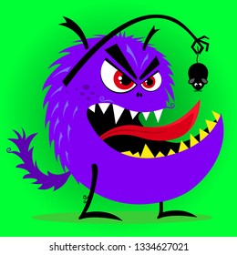 Scary blue monster wants to eat a mouse, vector illustration