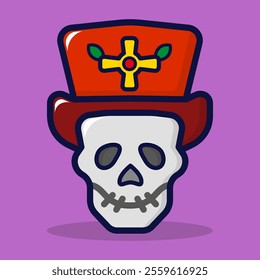 Scary bone icon. Hallowen concept with skeleteon head using hat. Isolated on premium design. Lineal color style. Cartoon flat vector illustration.