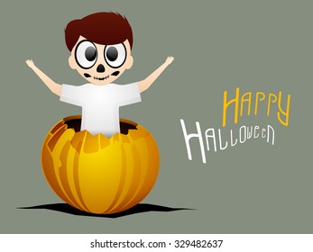 Scary boy coming out from a pumpkin for Happy Halloween Party celebration.