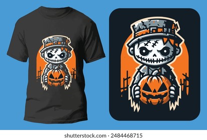 scary boy halloween t-shirt, boy holding pumpkin halloween design, halloween costume illustration, spooky kid vector, trick-or-treat graphics, creepy pumpkin illustration, halloween character design,