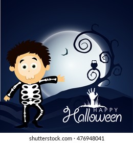 Muchacho asustado, mano zombie y árbol muerto en plena noche de luna para Feliz Festival de Halloween.
