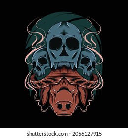 scary buffalo head and skull illustration for t-shirt design and print