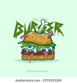 Scary burger illustration vector. Zombie burger. Fast food zombie style. Scary food. Cartoon Burger for t-shirt, grime style food