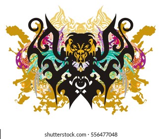 Scary butterfly splashes. Grunge terrible butterfly with gold splashes, floral elements, colorful drops and the lion's head