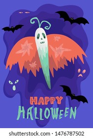 Scary butterfly vampire with lettering. Halloween greeting card. Hand drawn vector character